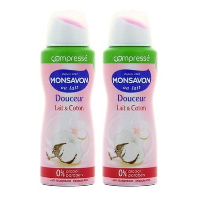 Monsavon Déodorant compressé 48h lait et coton, Lot de 2x100ml