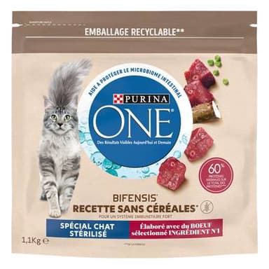 Purina - One Croquettes Boeuf Sans Céréales Bifensis pour Chat Adutle Stérilisé, 1,1kg