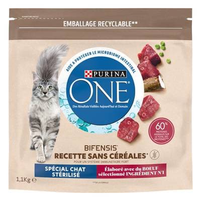 Purina - One Croquettes Boeuf Sans Céréales Bifensis pour Chat Adutle Stérilisé, 1,1kg