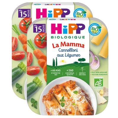 Hipp - La Mamma Cannelloni aux Légumes Bio Plat Bébé Dès 15 mois, Lot de 2x250g