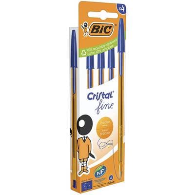 Bic Stylos bille cristal bleu pointe fine, 4 stylos bille
