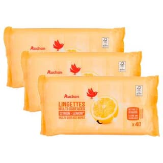 Auchan Lingettes multi-surfaces saveur citron, Lot de 3x40 lingettes