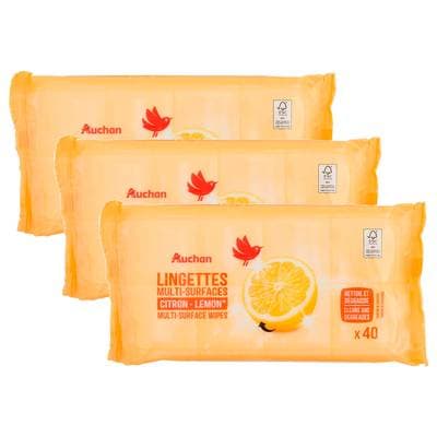 Auchan Lingettes multi-surfaces saveur citron, Lot de 3x40 lingettes
