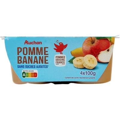 Auchan Coupelles compote de pomme banane sans sucres ajoutés, 4x100g