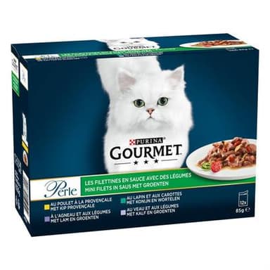 Purina - Gourmet Perle Sachets en Sauce Filettines avec des Légumes 4 variétés pour chat, 12x85g