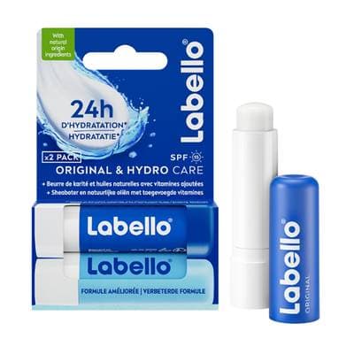 Labello Stick à lèvres Hydratation 24h Huiles Naturelles Original Hydro Care, 2 pièces