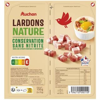 Auchan Lardons Natures Sans Nitrite, 2x75g