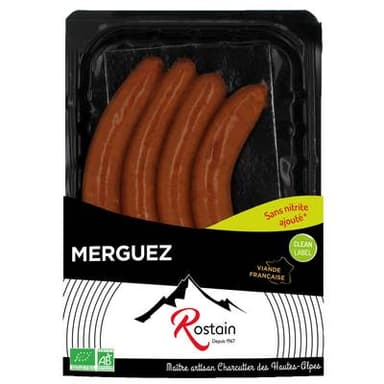 Rostain Merguez Bio Boeuf Agneau Sans Nitrite Ajouté, 4x55g