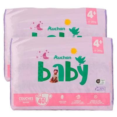 Auchan Baby Couches taille 4+ (9-20kg), Lot de 2x40 couches