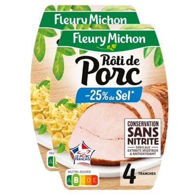 Fleury Michon Rôti de Porc Cuit, Taux de Sel Réduit, Lot de 2 - 4 tranches soit 160g