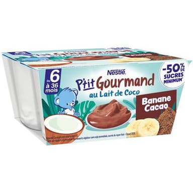 Nestlé - P'tit Gourmand Dessert au Lait de Coco Banane Cacao Coupelle Bébé dés 6 mois, 4x90g