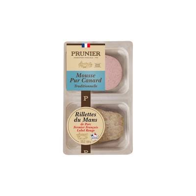 Prunier Mousse pur canard et rillettes du Mans de porc label rouge, 2x50g
