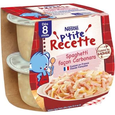 Nestlé - P'tite Recette Spaghetti Façon Carbonara Bol Bébé dès 8 mois, 2x200g