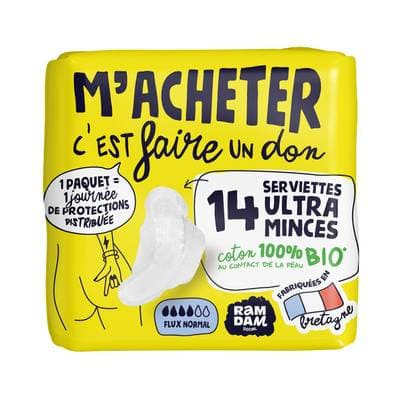 Ramdam social Serviettes Hygiéniques Flux Normal Serviettes Minces Coton 100% Bio, 14 serviettes