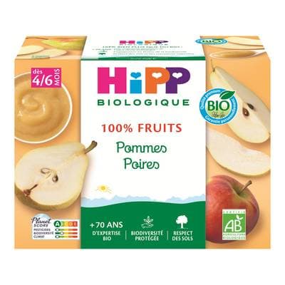 Hipp - 100% Fruits Pommes Poires Bio Coupelle Bébé Dès 4/6 mois, 4x100g