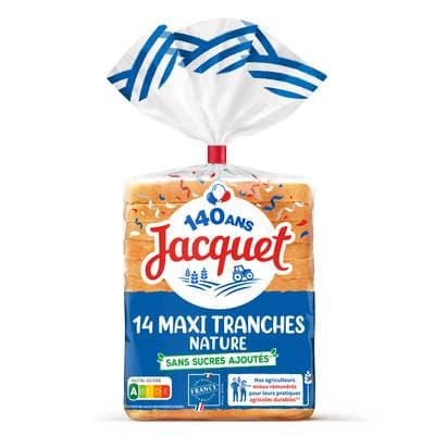 Jacquet Pain de Mie Nature Maxi Tranche Sans Sucre Ajouté, 14 tranches - 550g