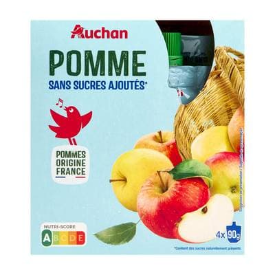 Auchan Compote Gourde Pomme Sans Sucre Ajoutés, 4x90g