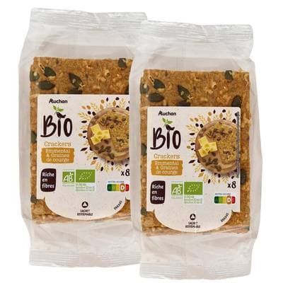 Auchan BIO Crackers emmental et graines de courge bio x8, Lot de 2x200g