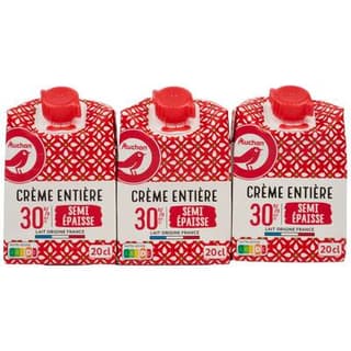 Auchan Crème semi-épaisse entière 30%mg UHT, 3x20cl