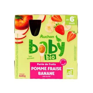 Auchan Baby Bio Purée de fruits Pomme Fraise Banane Bio Gourdes Bébé dès 6 mois, 4x85g