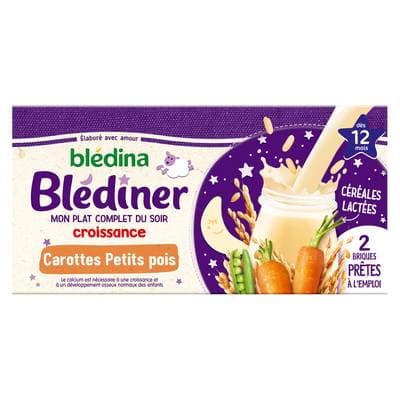 Blédina - Blédîner Céréales Lactées Carottes et petits pois Brique Bébé Dès 12 mois, 2x25cl