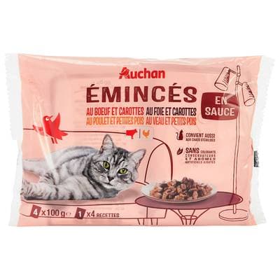 Auchan Sachets émincés en sauce viandes et légumes pour chat et chat stérilisé, 4x100g