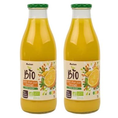 Auchan BIO Pur jus d'orange bio avec pulpe sans sucres ajoutés, Lot de 2x1L