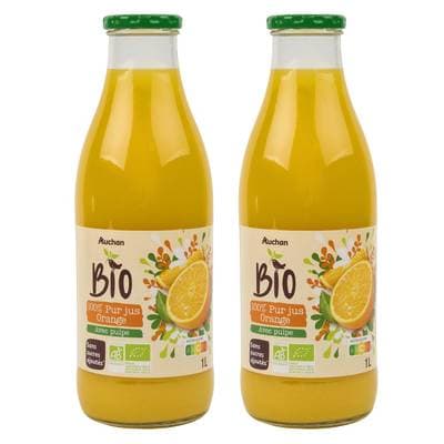 Auchan BIO Pur jus d'orange bio avec pulpe sans sucres ajoutés, Lot de 2x1L