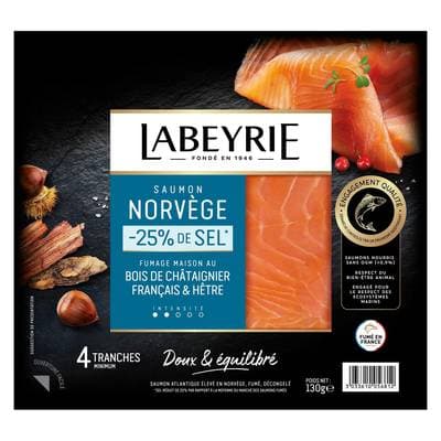 Labeyrie Saumon Fumé Le Savoureux de Norvège, Taux de Sel Réduit, 4 tranches - 130g