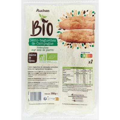 Auchan BIO Demi-Baguettes de Campagne Bio Précuites sur Sole de Pierre, 2x125g