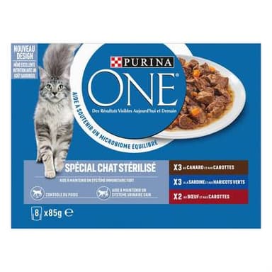 Purina - One Sachet en Sauce Canard, Sardine, Boeuf pour chat stérilisé, 8x85gg