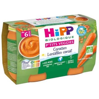 Hipp - P'tits Veggies Carottes Lentilles Corail Bio Pot Bébé Dès 6 mois, 2x125g