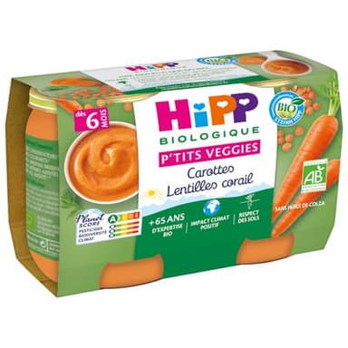 Hipp - P'tits Veggies Carottes Lentilles Corail Bio Pot Bébé Dès 6 mois, 2x125g