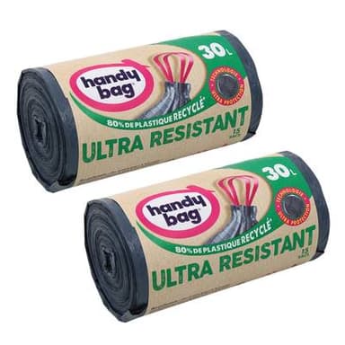 Handy Bag Sacs poubelle 30L avec poignées coulissantes ultra protection, Lot de 2x15 sacs de 30L