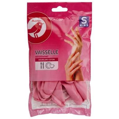 Auchan Gants à vaisselle anti-dérapant doublé coton taille S, 1 paire
