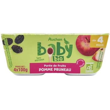Auchan Baby Bio Dessert Pomme Pruneau Banane Bio Coupelles Bébé dès 4 mois, 4x100g