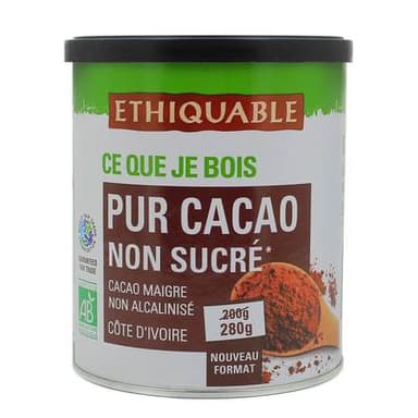 Ethiquable - Commerce Equitable Pur Cacao Maigre Non Sucré Bio de Côte d'Ivoire, 280g