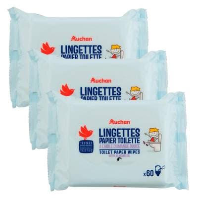 Auchan Lingettes papier toilette à l'huile d'Amande douce, Lot de 3x60 lingettes