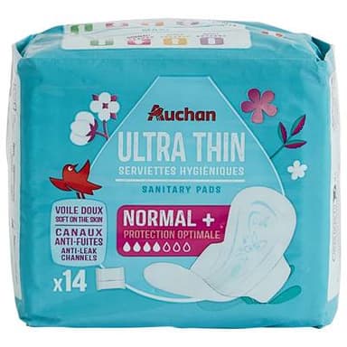 Auchan Serviettes hygiéniques avec ailettes regular, 14 serviettes