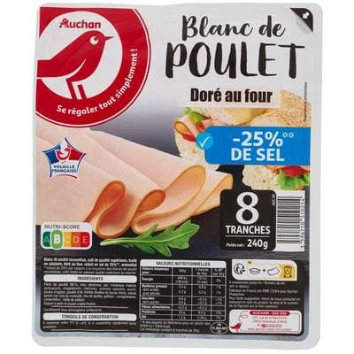 Auchan Blanc de Poulet Doré au Four Réduit en Sel, 8 tranches - 240g