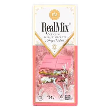 Realmix Tablette de chocolat rose Dubai à la framboise fourré barbe à papa, pistache et cheveux d'anges, 160g