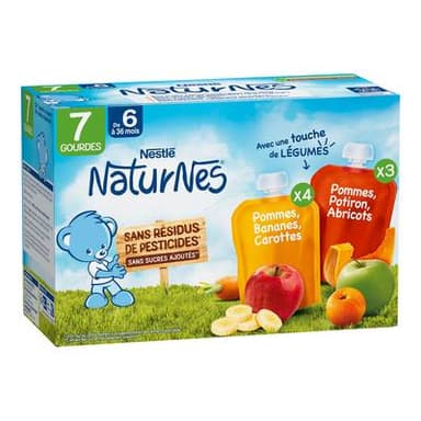 Nestlé - Naturnes Multipack aux Fruits et touche de Légumes Gourdes Bébé Dès 6 mois, 7x90g