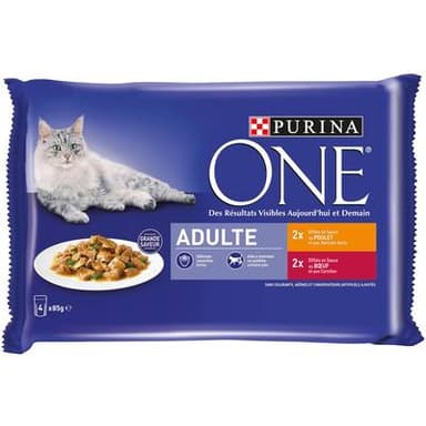 Purina - One Sachets en sauce Effilés Poulet Bœuf pour chat adulte, 4x85g