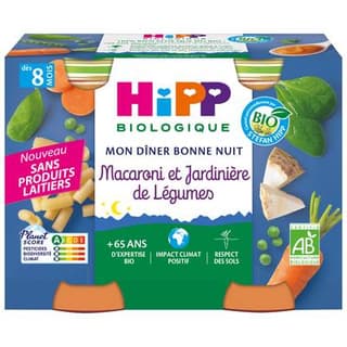 Hipp - Mon Dîner Bonne Nuit Macaroni Jardinière de Légumes Bio Pot Bébé Dès 6 mois, 2x190g