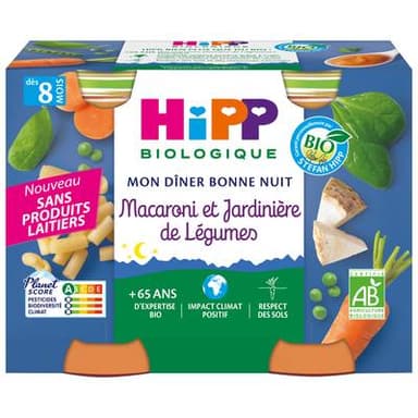 Hipp - Mon Dîner Bonne Nuit Macaroni Jardinière de Légumes Bio Pot Bébé Dès 6 mois, 2x190g