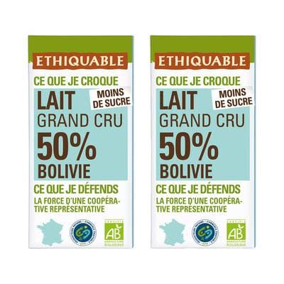Ethiquable - Commerce Equitable Chocolat Lait 50% Cacao Bio de Madagascar, Lot de 2x100g