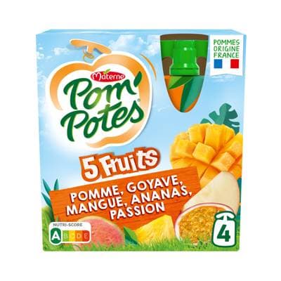 Pom Potes Gourdes 5 fruits pomme tropical sans sucres ajoutés, 4 gourdes de 90g