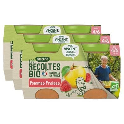 Blédina - Les Récoltes Bio Pommes fraises Bio Pot Bébé Dès 4/6 mois, Lot de 3x2x130g
