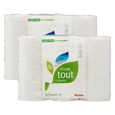 Auchan Mieux Vivre Essuie-tout blanc compact écologique, Lot de 2x3 rouleaux