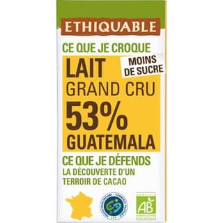 Ethiquable - Commerce Equitable Chocolat lait 53% cacao Bio du Guatemala, 100g